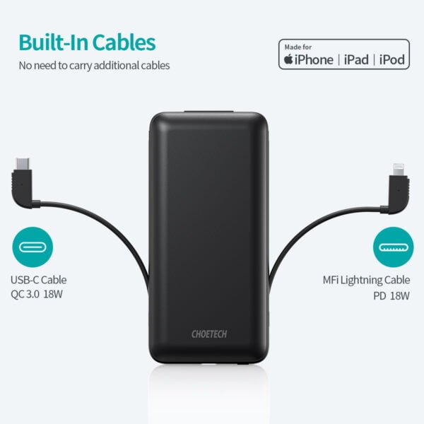 PD Power Bank 10000mAh, MFi Certified Built in Power Delivery 18W Lightning Cable, Quick Charge 3.0 - Image 2