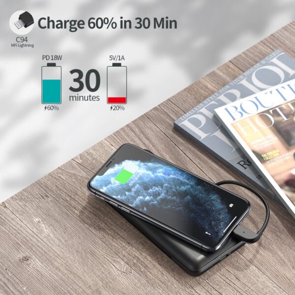 PD Power Bank 10000mAh, MFi Certified Built in Power Delivery 18W Lightning Cable, Quick Charge 3.0 - Image 3