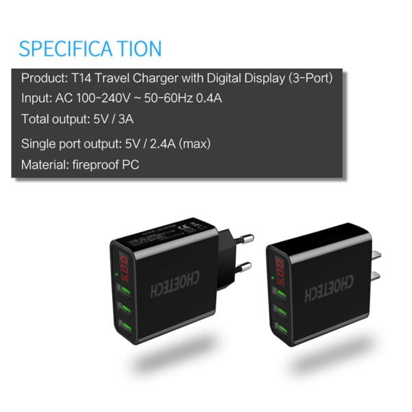CHOETECH Wholesale Universal 3 USB Charger LED Display EU or US Plug Wall Charger - Image 3
