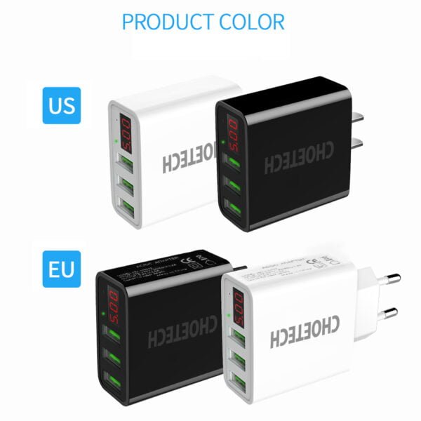 CHOETECH Wholesale Universal 3 USB Charger LED Display EU or US Plug Wall Charger - Image 4
