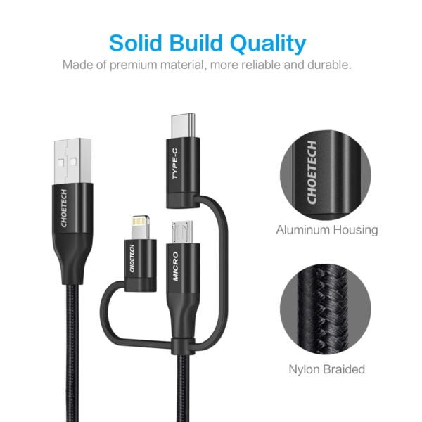 Multi USB Cable 3 in 1 Braided Cable with Lightning / Type C / Micro USB Connector [MFi Certified] Charge & Sync Cable - Image 2