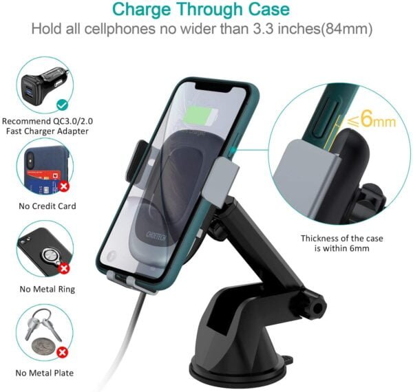 Wireless Car Charger,15W USB C Qi Fast Charging Auto-Clamping Car Mount, Windshield Dashboard Phone Holder - Image 4
