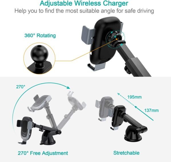 Wireless Car Charger,15W USB C Qi Fast Charging Auto-Clamping Car Mount, Windshield Dashboard Phone Holder - Image 7