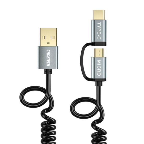 2 in 1 USB Type C+Micro USB Cable (Coiled) 4ft/1.2m Charge & Sync Cable
