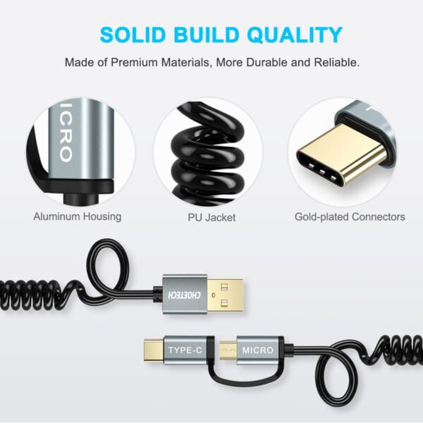 2 in 1 USB Type C+Micro USB Cable (Coiled) 4ft/1.2m Charge & Sync Cable - Image 3