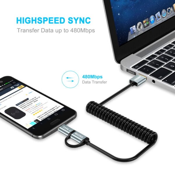 2 in 1 USB Type C+Micro USB Cable (Coiled) 4ft/1.2m Charge & Sync Cable - Image 4