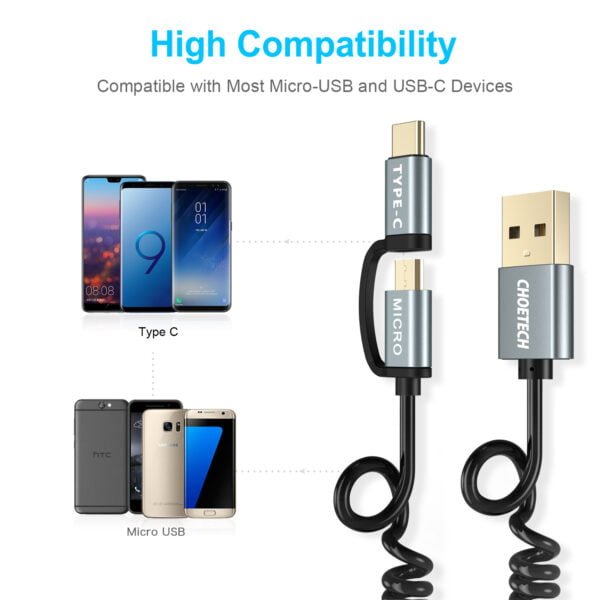 2 in 1 USB Type C+Micro USB Cable (Coiled) 4ft/1.2m Charge & Sync Cable - Image 6