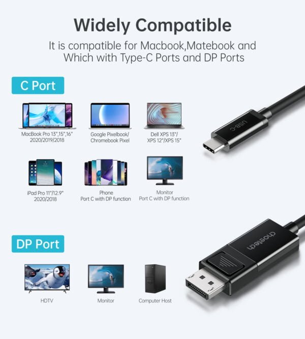 USB C to DP Cable 8K@30Hz Type-C DisplayPort Cable (4K@60Hz/2K@165Hz) 6ft/1.8m, DisplayPort to USB C Cable - Image 6