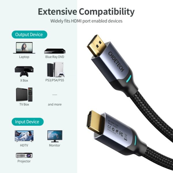 8K HDMI 2.1 Cable, HDMI 2.1 Cable 8K@60Hz 48Gbps Ultra High Speed HDR eARC HD 2M 6.6FT Braided 144Hz 120Hz 4K HDMI Cable - Image 6
