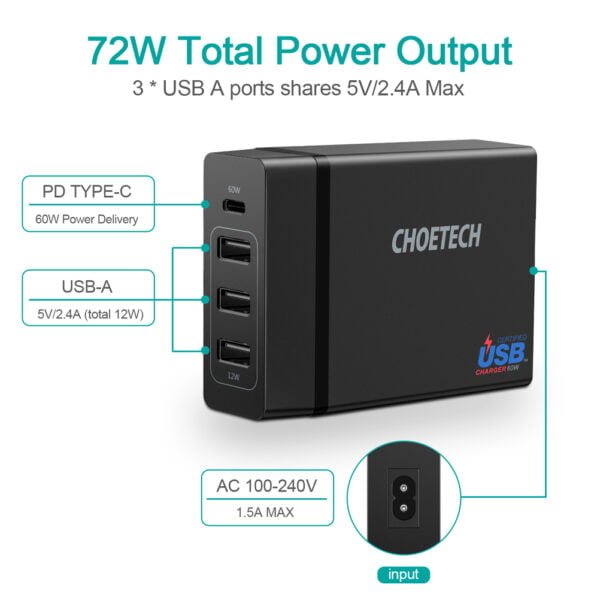 China Good Wholesale Price CHOETECH Power Delivery Charger Multi USB Charging Hub Stand - Image 5