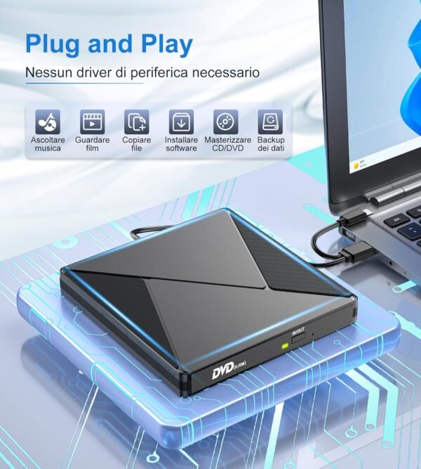 DVD Player for Laptop, External CD Drive for Mac, USB 3.0 USB C Portable CD Burner External Disk Drive, DVD Reader Writer ROM Drive Compatible with Laptop Desktop Mac,Windows 11/10/8/7 Linux - Image 3