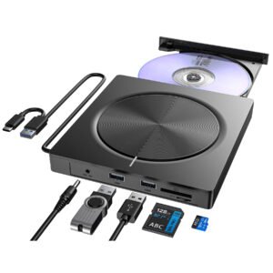 6 in 1 Portable DVD Reader Writer ROM Drive - USB CD Burner External Disk Drive Compatible with Laptop, Desktop, Mac, Windows 11/10/8/7 Linux OS