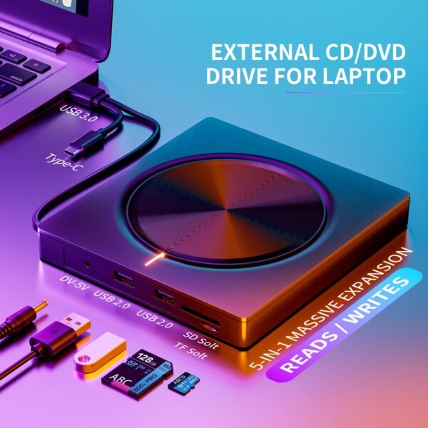 6 in 1 Portable DVD Reader Writer ROM Drive - USB CD Burner External Disk Drive Compatible with Laptop, Desktop, Mac, Windows 11/10/8/7 Linux OS - Image 4
