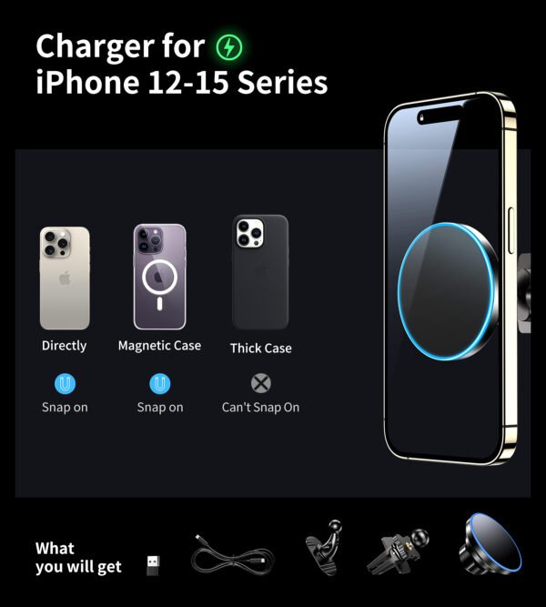 15W 2in1 Magnetic Wireless Car Charger, fits for Magsafe Car Charger, Vent/Dashboard Phone Holder Mount - Image 3
